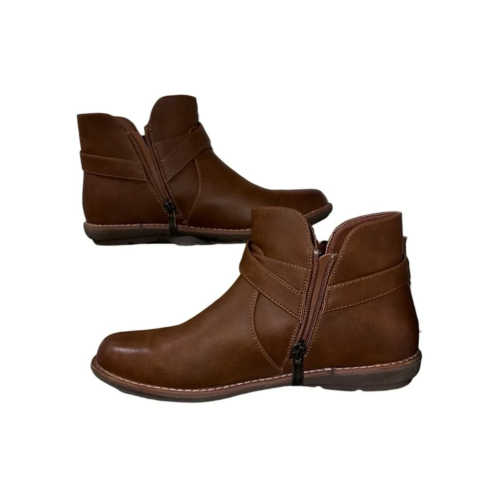 VEPOSE Brown Women's Ankle Boot With‎ Buckle Rubber Outsole 7.5